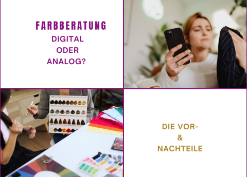 Szenen einer Farbberatung mit Farbpaletten und Kleidungsanprobe.